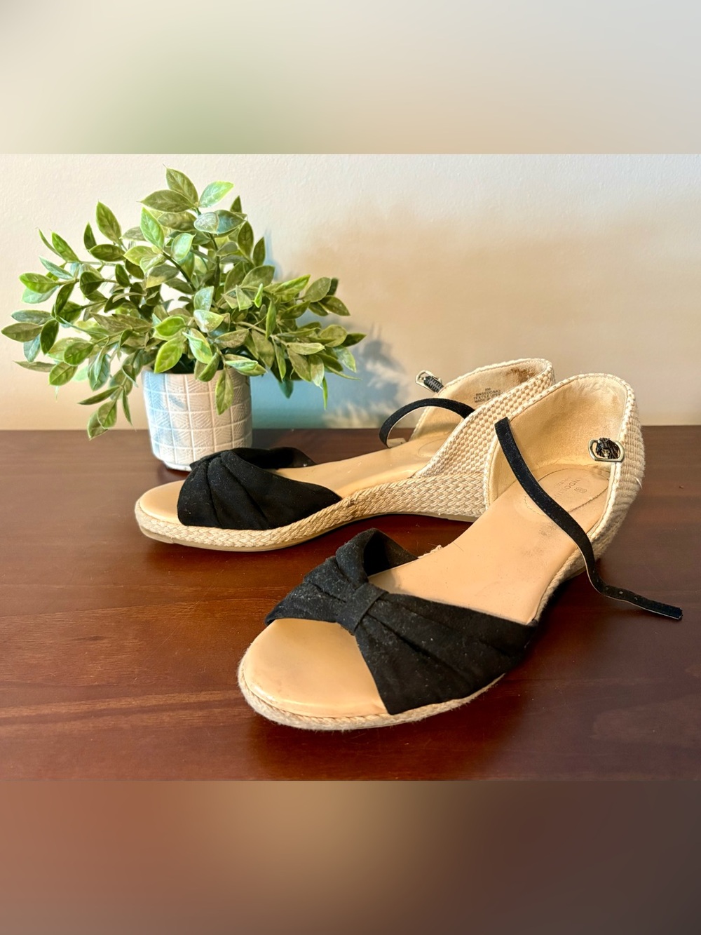 Women's Black Espadrille Wedge Sandals with Ankle Strap